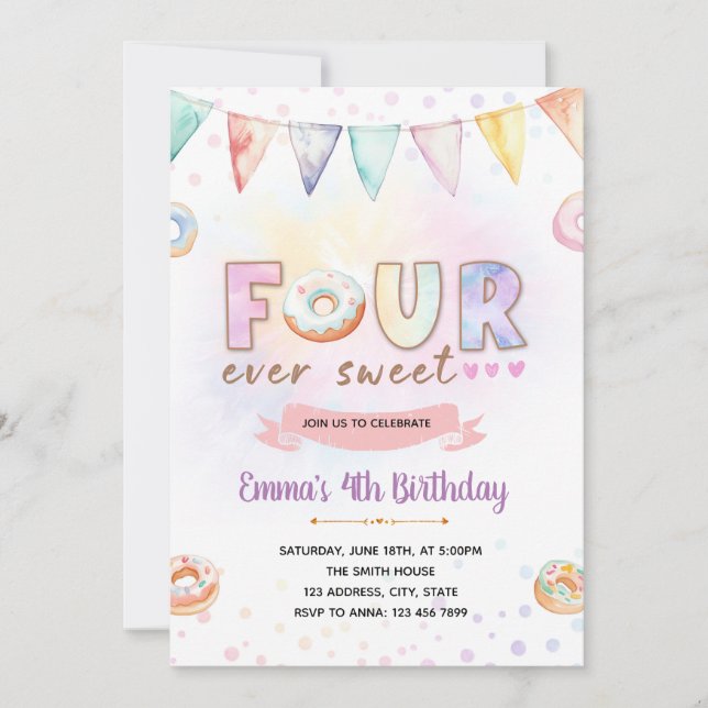Doughnut FOURever sweet birthday invitation (Front)