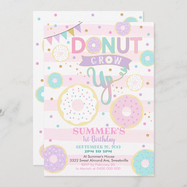 Doughnut Grow Up 1st Birthday Invitation - Girl (Front/Back)