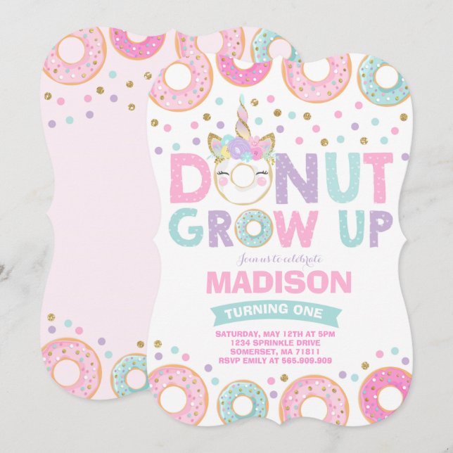 Doughnut Grow Up Birthday Invitation Doughnut & Un (Front/Back)