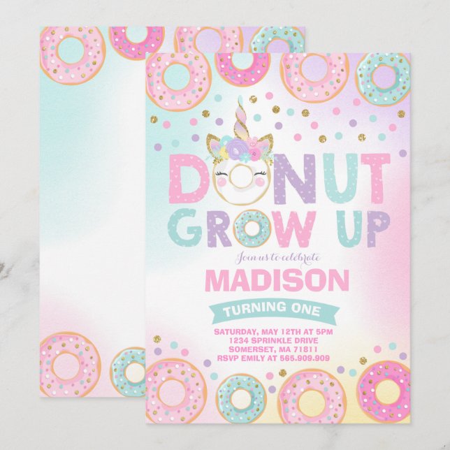 Doughnut Grow Up Birthday Invitation Doughnut & Un (Front/Back)