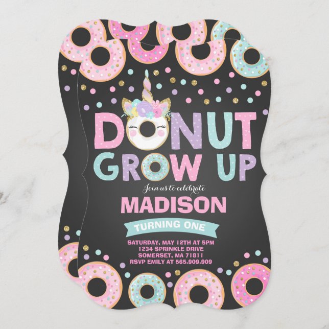 Doughnut Grow Up Birthday Invitation Doughnut & Un (Front/Back)