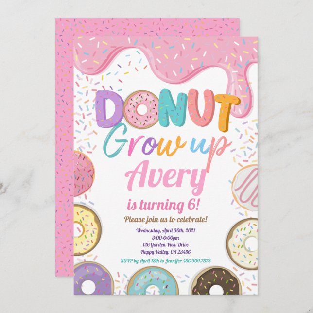 Doughnut Grow Up Birthday Party Pink Pastel Girl  Invitation (Front/Back)