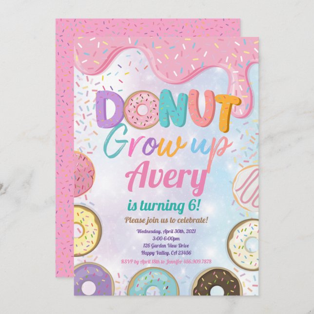 Doughnut Grow Up Birthday Party Pink Pastel Girl   Invitation (Front/Back)