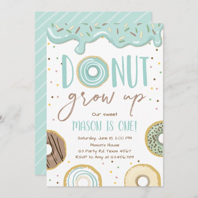 Doughnut Grow Up Blue Boy Birthday Party Invitation (Front/Back)