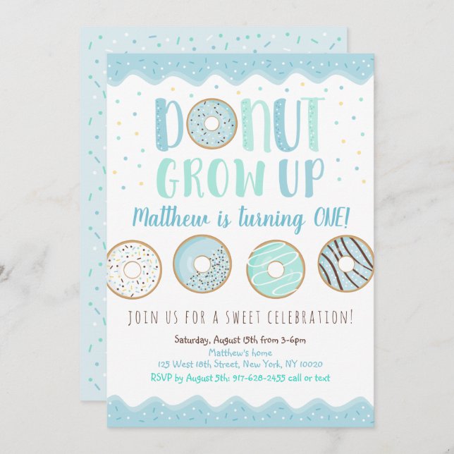 Doughnut Grow Up Blue Doughnut Birthday Invitation (Front/Back)