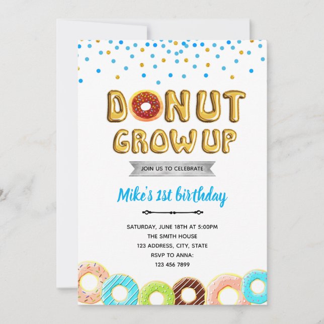 Doughnut grow up boy  party  invitation (Front)
