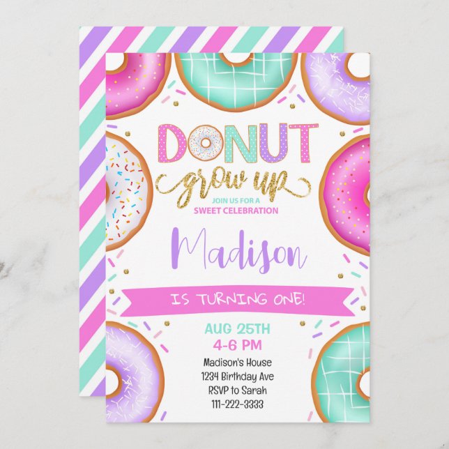 Doughnut Grow Up Colourful Birthday Invitation (Front/Back)