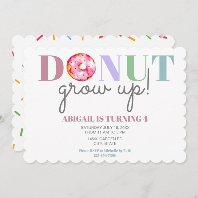 Doughnut Grow Up Cute Birthday sprinkles party kid Invitation (Front/Back)