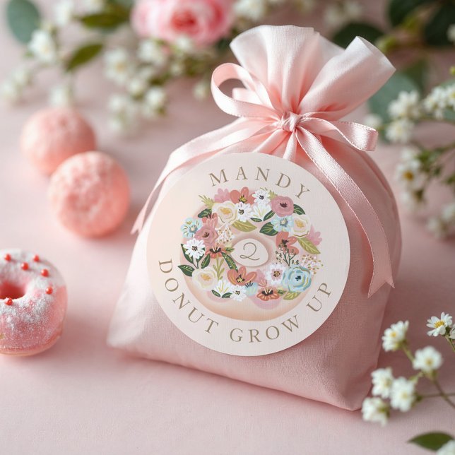 Doughnut Grow Up Floral Blossom Doughnut Birthday Classic Round Sticker (Donut Grow Up Floral Blossom Donut Birthday Classic Round Sticker)