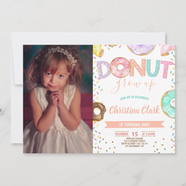Doughnut Grow Up Girl 1st Birthday with Photo Invitation (Front)