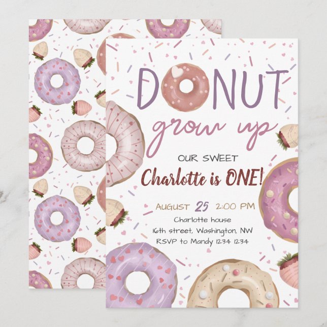 Doughnut Grow Up Girl Birthday Invitation (Front/Back)
