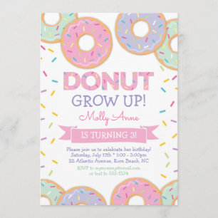Doughnut Grow Up Girl Birthday Invitation Pink