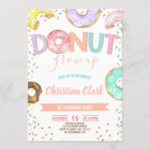 Doughnut Grow Up Girl Sprinkles Confetti Birthday Invitation