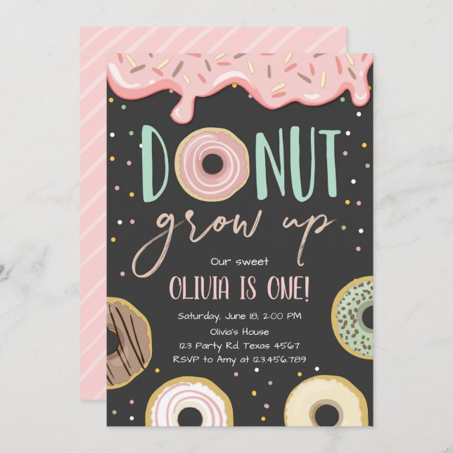 Doughnut Grow Up Pink Doughnut Girl Birthday Party Invitation (Front/Back)