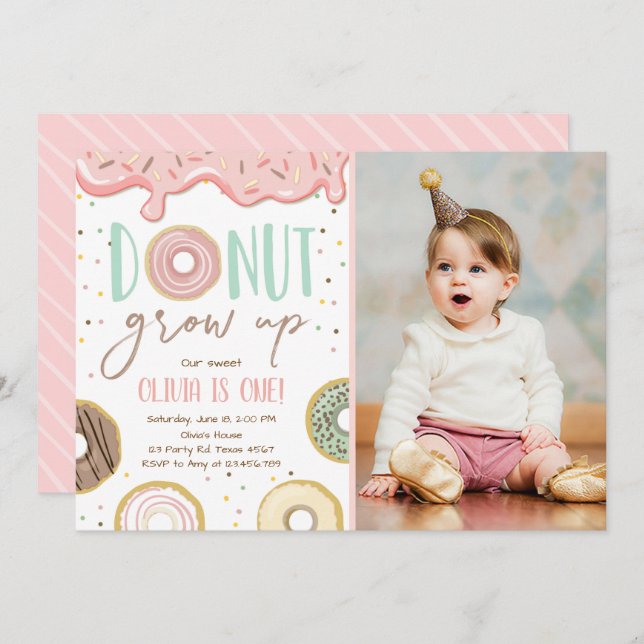 Doughnut Grow Up Pink Doughnut Girl Birthday Party Invitation (Front/Back)