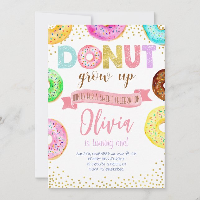 Doughnut Grow Up Pink Doughnut Girl Birthday Party Invitation (Front)