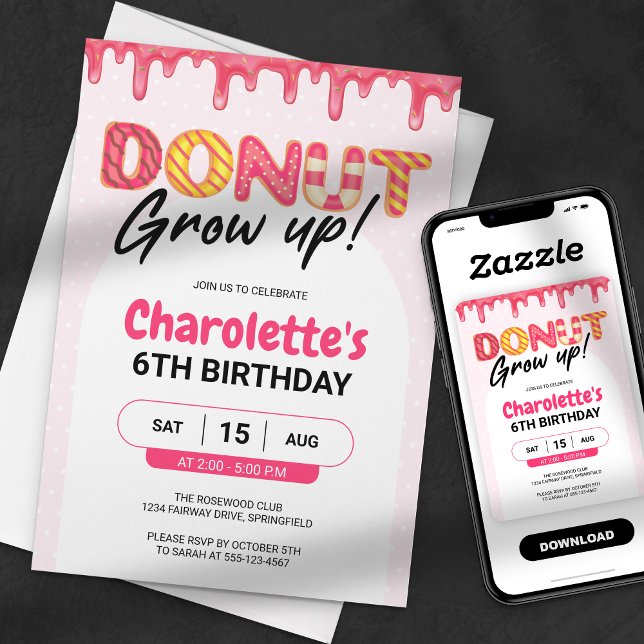 Doughnut Grow Up! Pink Girl Birthday Invitation (Creator Uploaded)