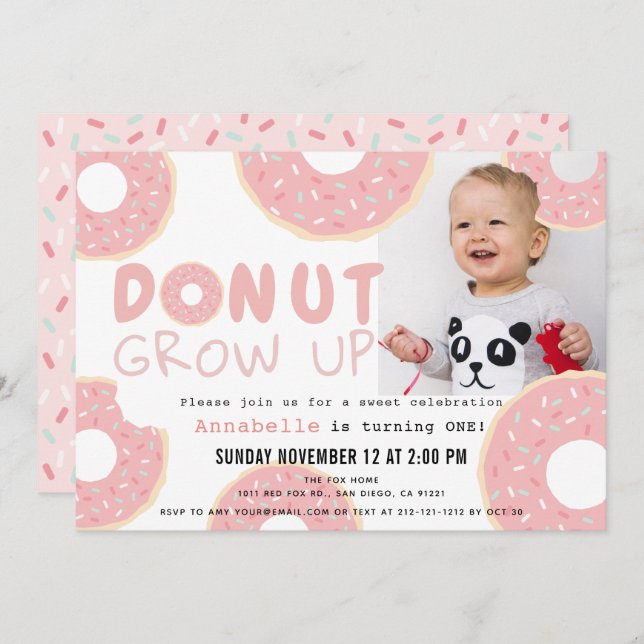 Doughnut Grow Up Pink Girl Photo 1st Birthday Invitation (Front/Back)