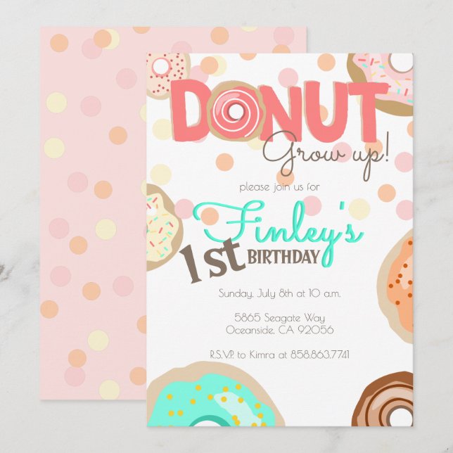 Doughnut Grow Up Theme Birthday little girl Brunch Invitation (Front/Back)