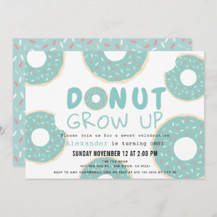 Doughnut Grow Up Turquoise Blue Boy 1st Birthday Invitation