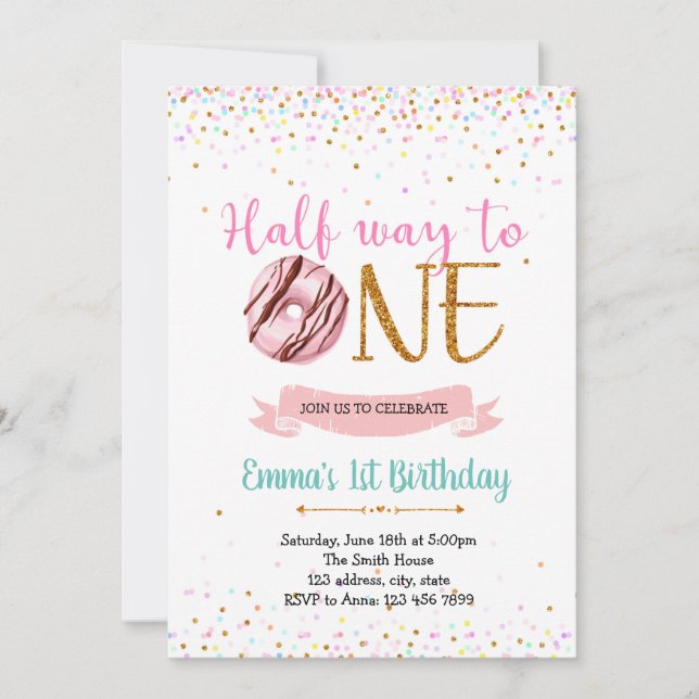 Doughnut haft way to one birthday theme invitation (Front)