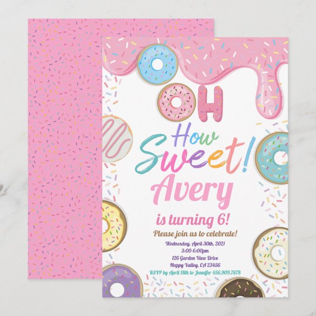 Doughnut How Sweet Birthday Party Pink Pastel Girl Invitation (Front/Back)