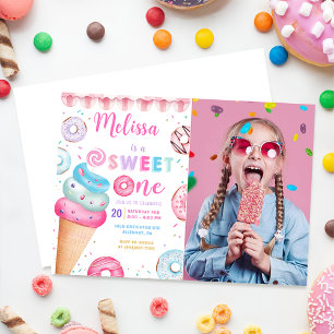 Doughnut Ice Cream Sweet One 1st Birthday Photo Invitation