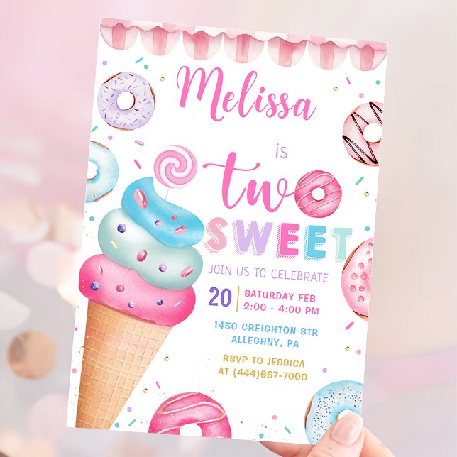 Doughnut Ice Cream Two Sweet 2nd Birthday Invitati Invitation (Creator Uploaded)