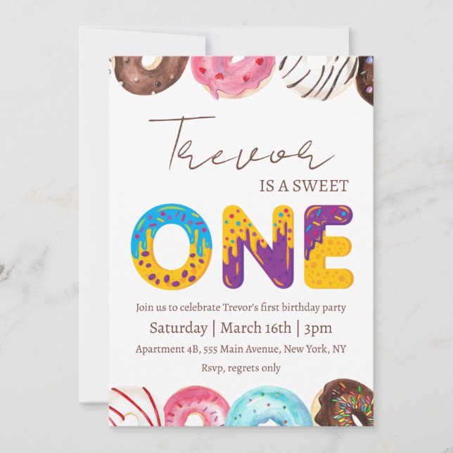 Doughnut illustration sweet one birthday invitation (Front)