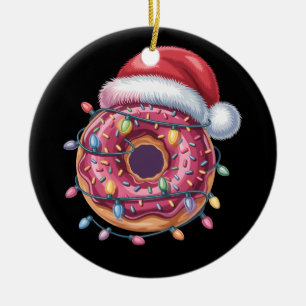 Doughnut Lover Christmas Lights Santa Hat Kids Wom Ceramic Ornament