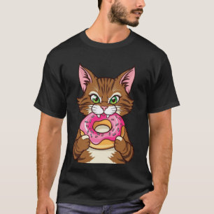 Doughnut-Loving Cat Cartoon Design T-Shirt