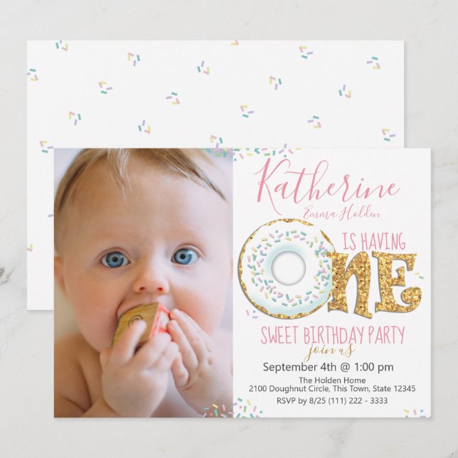 Doughnut One Sweet 1st Birthday Party Photo Invitation (Front/Back)