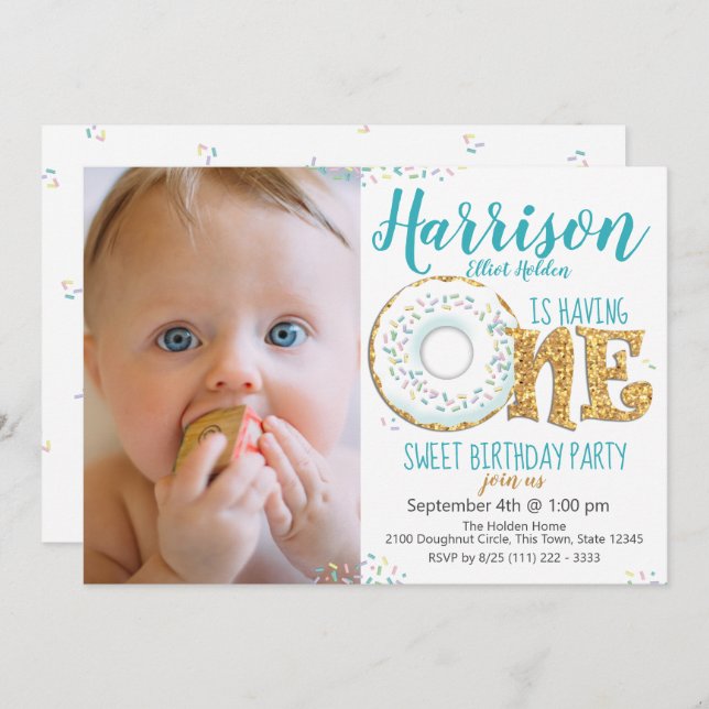 Doughnut One Sweet 1st Birthday Party Photo Invitation (Front/Back)