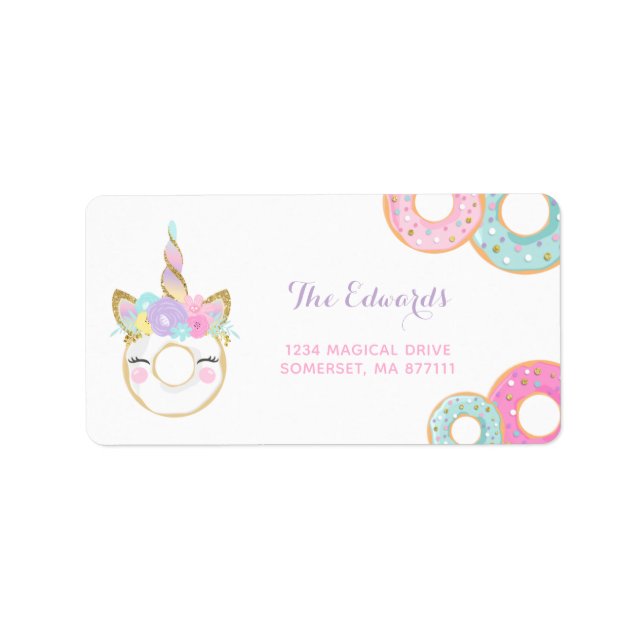 Doughnut Party Address Labels Doughnut & Unicorn (Front)