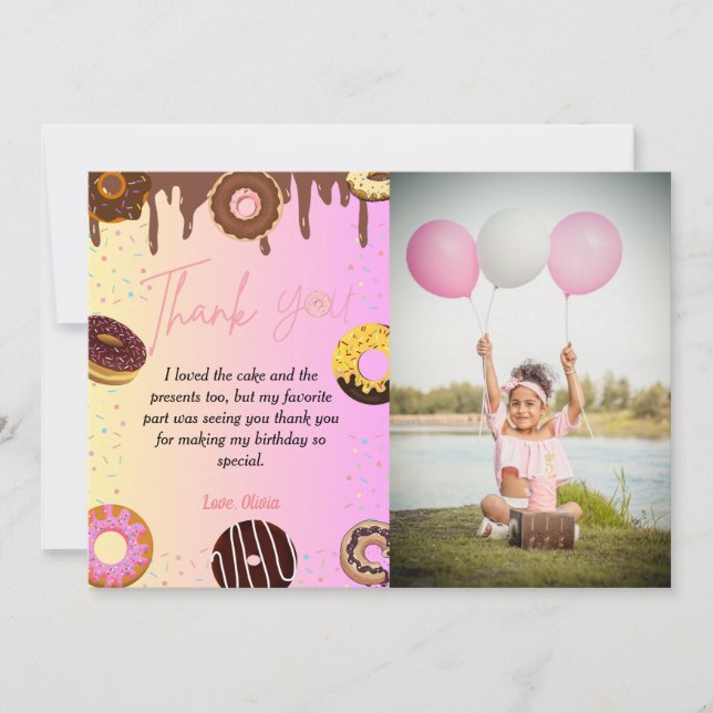 Doughnut  party theme birthday thank you card (Front)