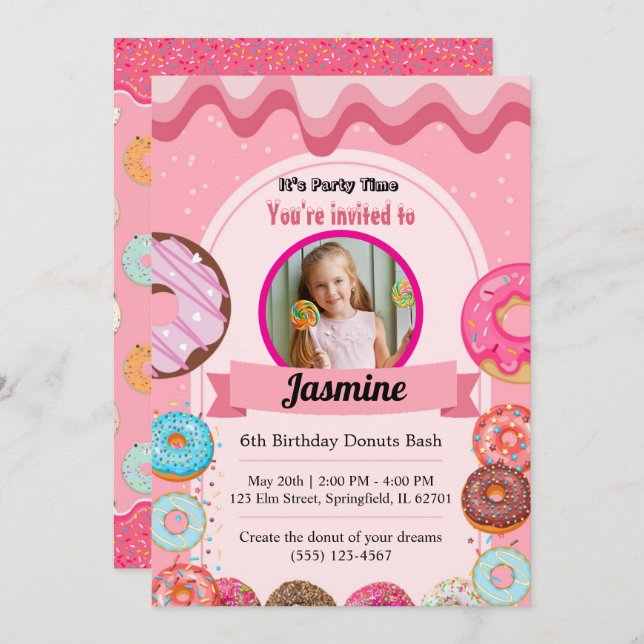 Doughnut Pattern 6th Birthday Party Invitation (Front/Back)