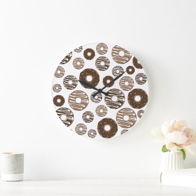 Doughnut Pattern, Chocolate Doughnuts, Caramel Dou Large Clock (Home)