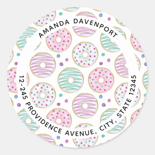  Doughnut Pattern Cute Colourful Address Classic Round Sticker (Front)