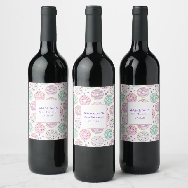 Doughnut Pattern Cute Colourful Birthday Wine Label (Bottles)