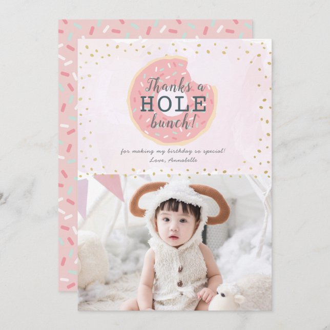 Doughnut Photo Pink Birthday Thank You Card (Front/Back)