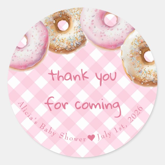 Doughnut | Pink Gingham Girl Baby Shower Thank You Classic Round Sticker (Front)