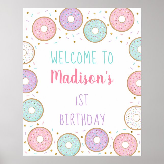 Doughnut Pink Gold Pastel Birthday Welcome Poster (Front)