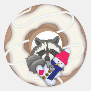 Doughnut Racoon with a snowman Christmas desig Classic Round Sticker