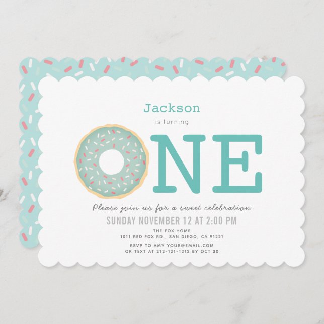 Doughnut Simple Mint Green Boy 1st Birthday Invitation (Front/Back)