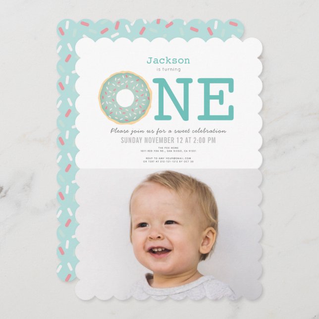 Doughnut Simple Mint Green Boy Photo 1st Birthday Invitation (Front/Back)