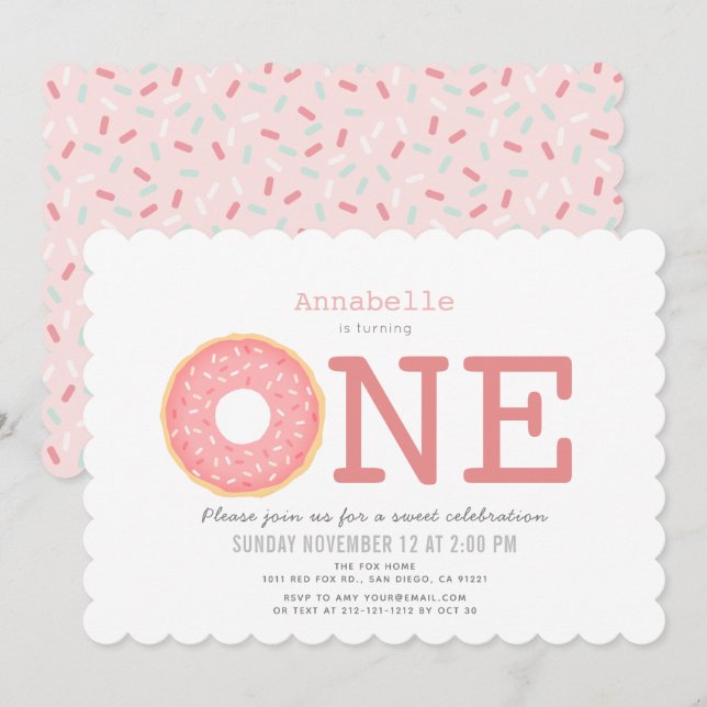 Doughnut Simple Pink Girl 1st Birthday Invitation (Front/Back)