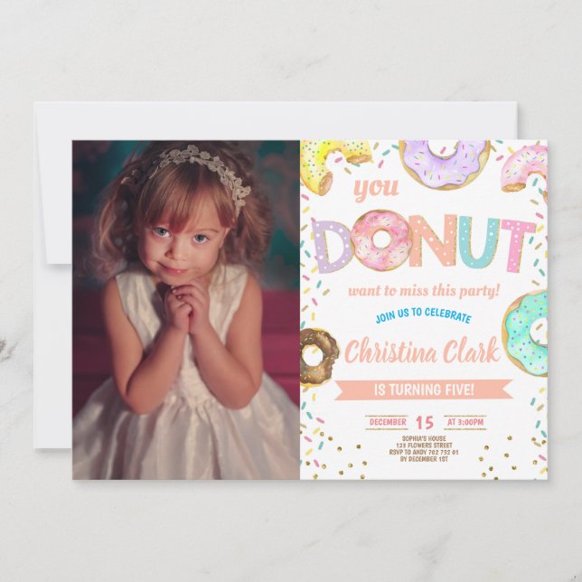 Doughnut Sprinkle Girl Birthday with Photo Invitation (Front)