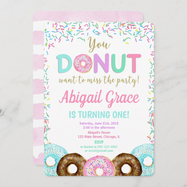 Doughnut sprinkles birthday party invitation girl (Front/Back)