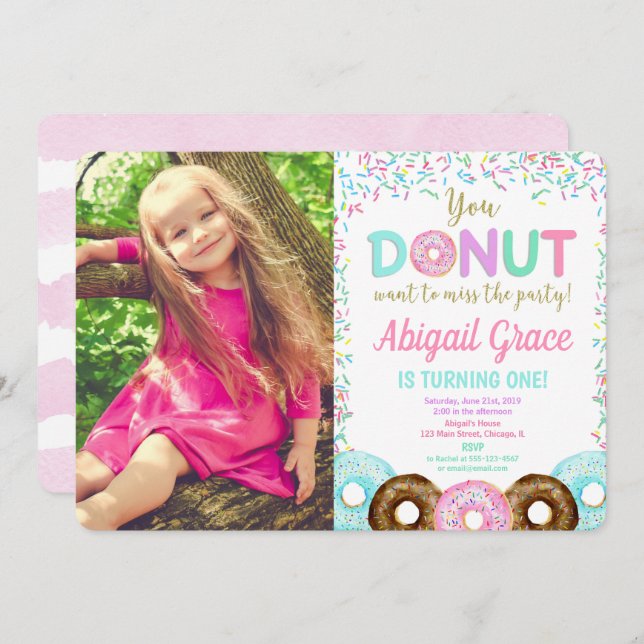 Doughnut sprinkles birthday party photo invitation (Front/Back)