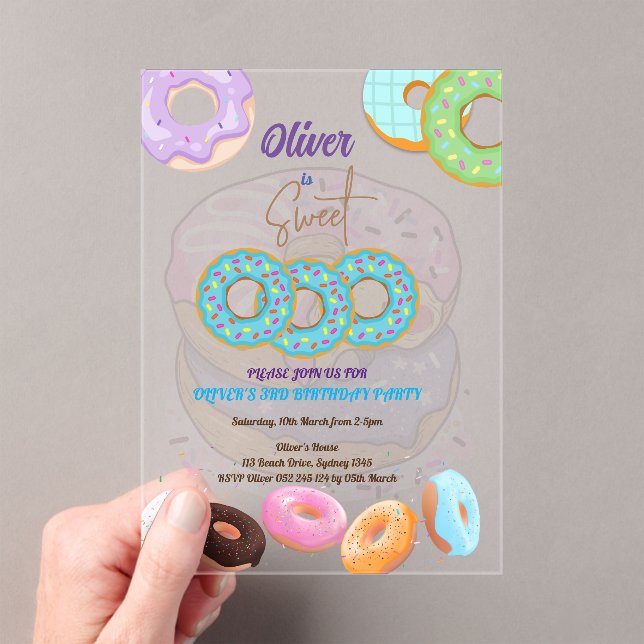 Doughnut Sweet 3 birthday boy Acrylic Invitations (Insitu (Handheld))